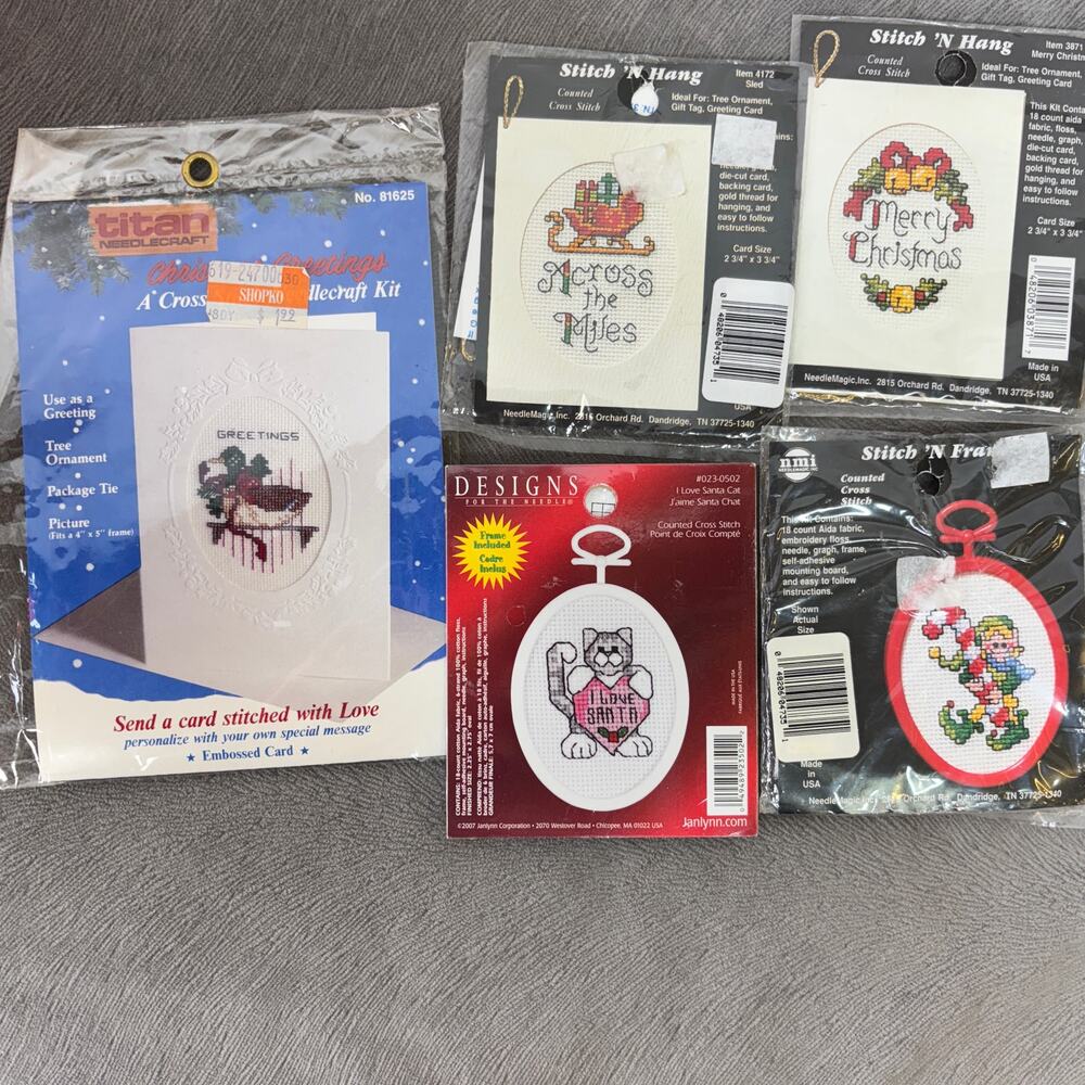 Christmas Mini Cross Stitch Lot of 5 Greeting Cards & Ornaments Elf Sled Cat NOS